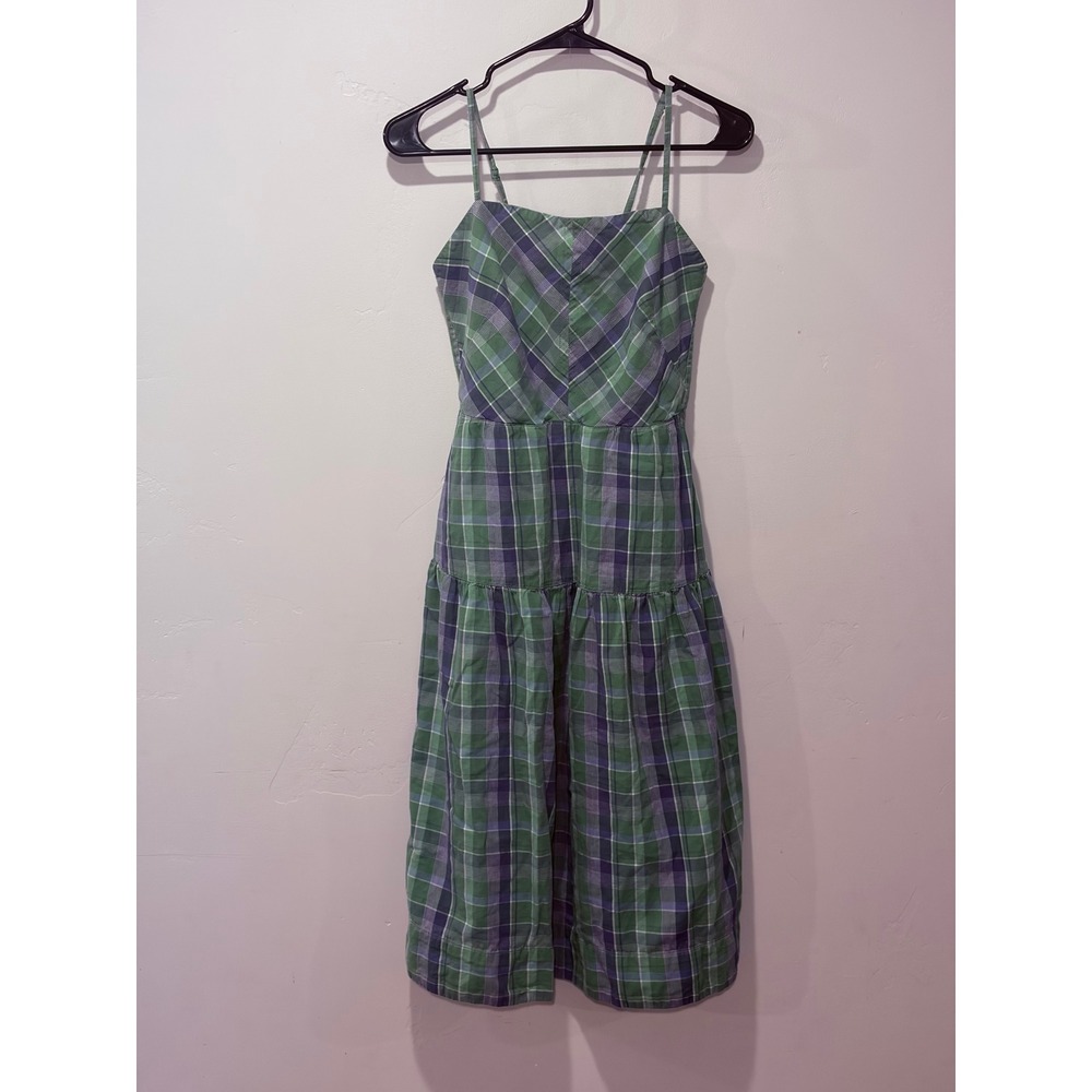 Madewell Green Purple Plaid Organic Cotton Tiered Tie Back Midi Dress Small